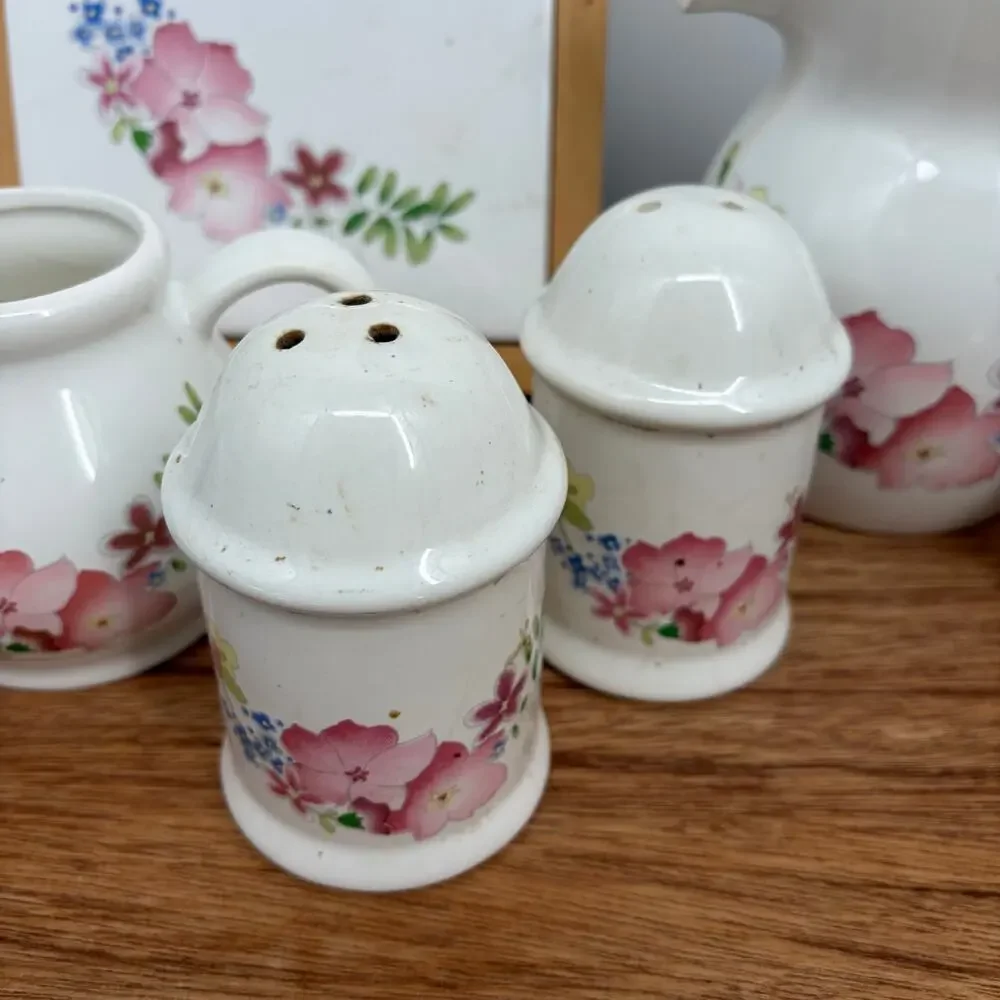 Vintage Ceramic 6-Piece Dish Floral Salt Pepper Shaker, Cream, Trivet, Sugar Set